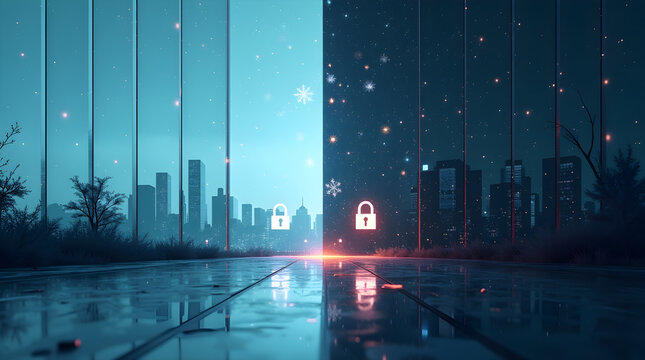 Cybersecurity protecting digital data over futuristic city landscape