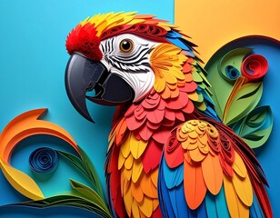 Obraz premium A vibrant and intricate portrait of a macaw parrot, created in the style of papercraft and quilling. The colorful, layered paper forms a beautiful piece of art.
