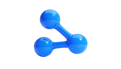 Shiny, three-sphere blue glyph on black. Central connector and glossy highlights