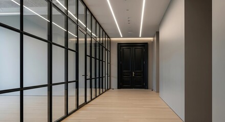 Modern Minimalist Hallway with Glass Wall Panels and Black Double Doors