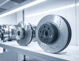 New metallic car brake discs on display on a shelf
