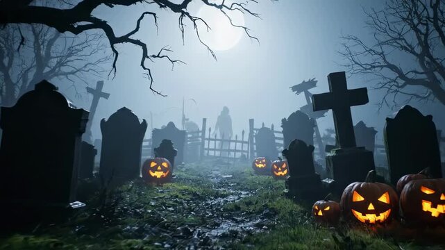 Moonlit cemetery scene with looming leafless trees, weathered tombstones, a rusty iron gate, glowing jack-o'-lanterns scattered in misty grass, and a chilly, haunted atmosphere. Distant hoots...