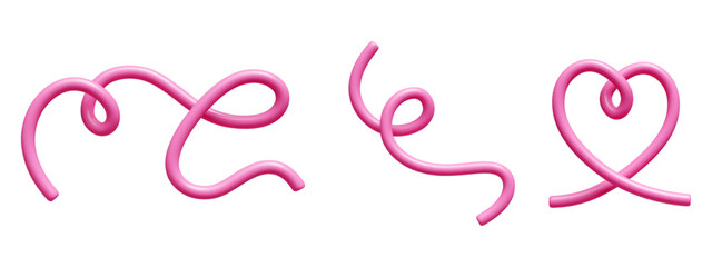 3D doodle line set with pink glossy curved strokes and loops. Playful elements form abstract swirls, heart shape and decorative flourishes for creative design, illustration or playful graphics.