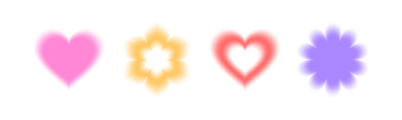 Y2K aura blur shapes with soft gradient edges - pink heart, yellow flower, red love symbol and purple blossom. Dreamy aesthetic elements for retro design, nostalgic graphics or modern digital art. © Yuliia Osadcha