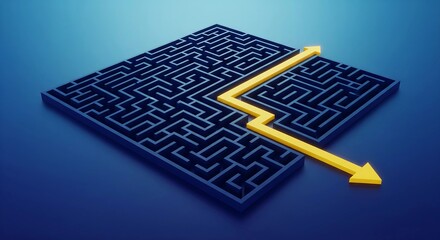 Straight Path Through Complexity – Yellow Arrow Cutting 3D Maze in Blue Gradient