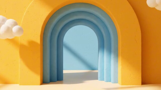 Sunlit minimalist scene with layered azure archway set in a warm yellow alcove, round pedestal in foreground and soft fluffy clouds drifting, casting gentle shadows, soft gradients shape forms