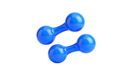 Two connected, blue, glossy spheres on black; a 3D rendered, floating design