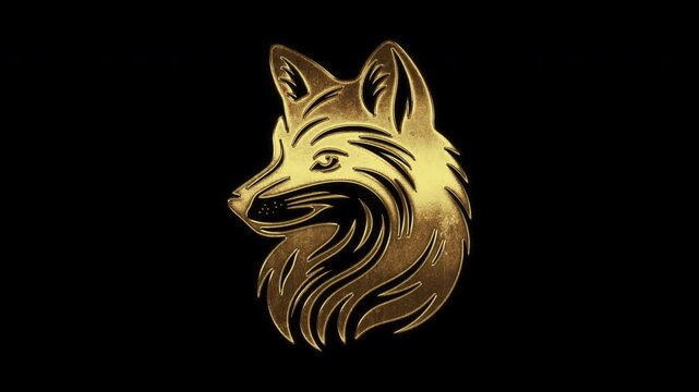 Fox face with slightly reflected outlines on a gold foil-like surface, loop, alpha channel

