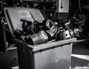 Pile of Used Engine Pistons and Connecting Rods in a Workshop Bin