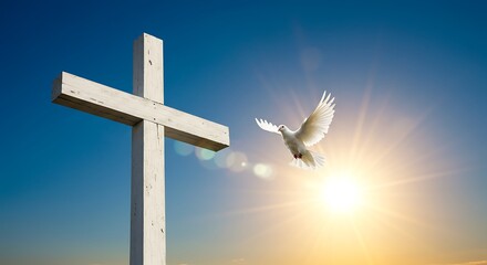 White cross and dove symbolize faith and hope against blue sky