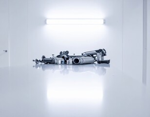 Industrial metal and plastic components on reflective surface in clean studio