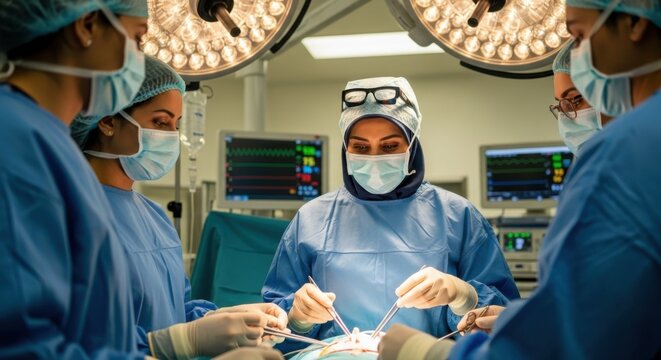 Surgical team performing operation in operating room with focus on surgeon.