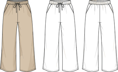 Relaxed fit cropped pants fashion technical sketch, garment flat drawing with drawstring waist, pocket detail, stitching lines, capri length trousers, apparel design illustration template