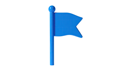 Bright blue flag with curved edges, waving on a pole against a black background
