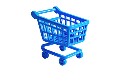 A 3D rendered blue shopping cart, isolated on a black background, isometric view