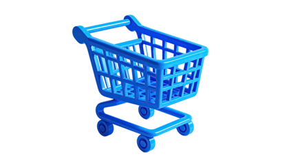 A 3D rendered blue shopping cart, isolated on a black background, isometric view