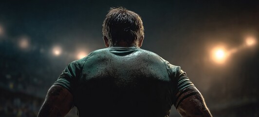 Athlete's back, stadium lights, focused