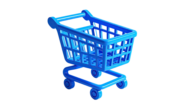 A 3D rendered blue shopping cart, isolated on a black background, isometric view