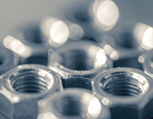 Close-up of metal nuts with soft focus and bokeh background