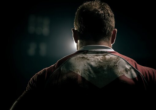 Silhouetted rugby player, back view