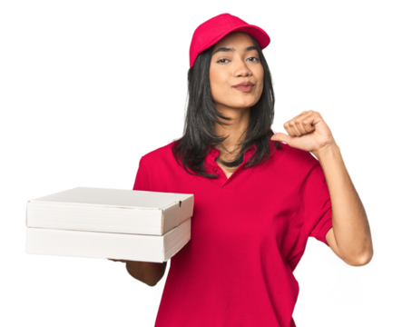 Latina delivering pizza, studio setup feels proud and self confident, example to follow.