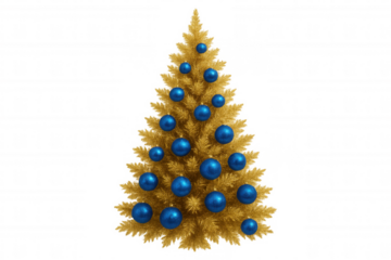 Golden christmas tree decorating with blue glitter ornaments for holiday celebrations, transparent background