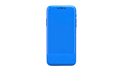 A glossy, blue mobile phone, centered against a black background, face up