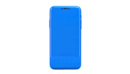 A glossy, blue mobile phone, centered against a black background, face up