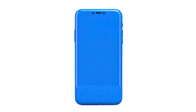 A glossy, blue mobile phone, centered against a black background, face up
