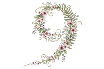 Floral Number 9 Illustration &ndash; Elegant Numeral Formed with Pink and Purple Flowers, Green Leaves, and Golden Vines &ndash; Minimal Botanical Vector for Decorative Typography or Event Design Themes