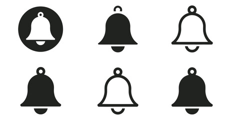 bell icon set in black and white, symbolizing alerts, notifications, reminders, and sound — minimal vector design for UI and branding