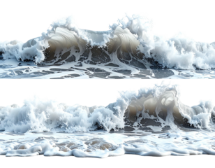 Two rows of powerful ocean waves, foamy crests, and sandy shore