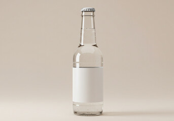 Fototapeta premium Clean glass bottle with clear liquid and blank label ready for branding, perfect for beverage mockups and product design.