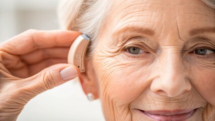 World Vegetarian Day 2025 Elderly woman adjusting her hearing aid with a warm smile, showcasing modern technology in daily life.