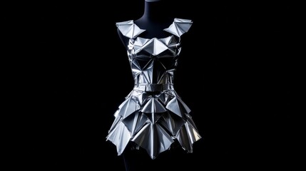 A futuristic metallic dress with sharp geometric patterns shimmering in light sculpted design made of synthetic fibers mannequin  