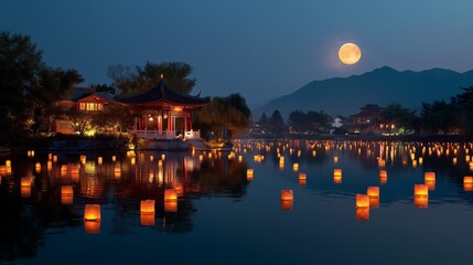 Obraz premium Moonlit lantern festival by the serene lake with traditional structures and mountains in the background