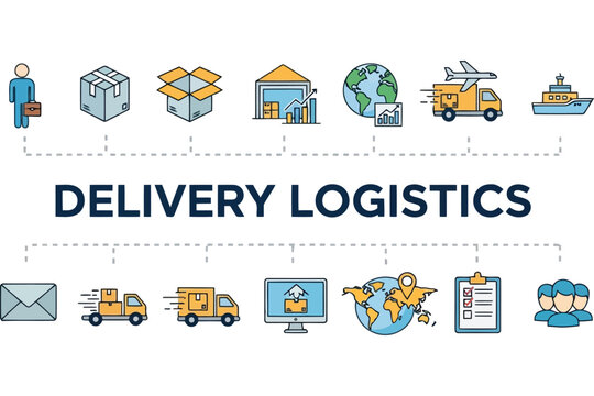 Delivery Logistics Icon Set &ndash; Stylized Illustrations of Packaging, Transport Vehicles, Warehousing, Tracking, and Global Shipping &ndash; Minimal Vector for Supply Chain, E-Commerce, or Shipping Themes