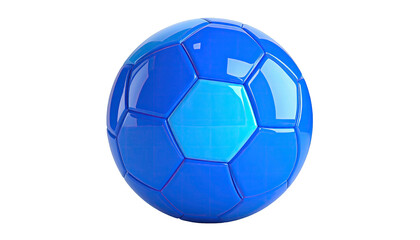 Rendered image of a blue soccer ball, comprised of pentagons and hexagons, on black