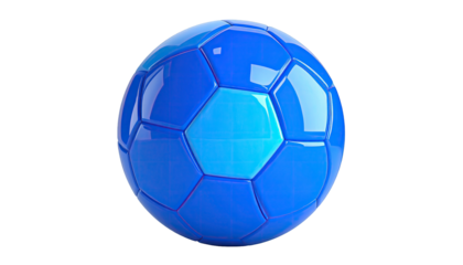 Rendered image of a blue soccer ball, comprised of pentagons and hexagons, on black