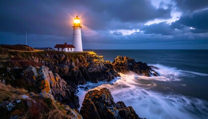 Dramatic lighthouse beams pierce stormy skies, guiding ships safely through crashing ocean waves onto rugged cliffs.