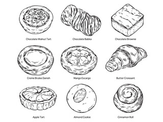 Collection of various hand drawn pastries outline drawing illustration