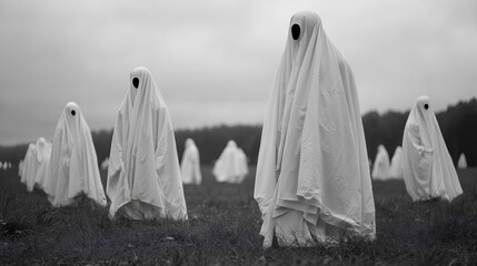 Ghosts in white sheets stand silently in a misty field, creating an eerie atmosphere on an overcast day