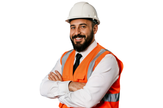 confident construction engineer smiling concept crossed arms wearing hardhat and safety vest on blue background representing safety and professionalism in the workplace