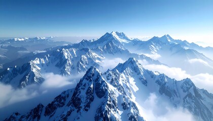 Majestic snow-capped mountains pierce through soft clouds under a clear, serene blue sky, evoking awe and adventure
