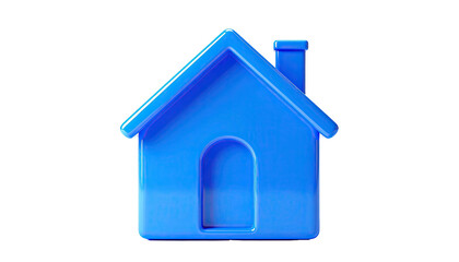 A glossy, 3D rendered, bright blue house icon with chimney and arched door