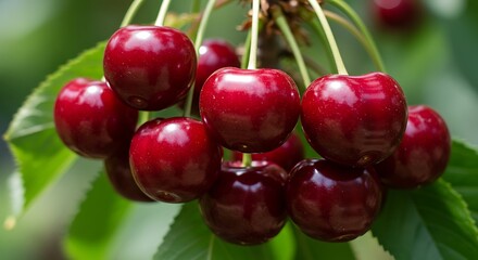 Vibrant red cherries on a branch close up with green leaves natural light