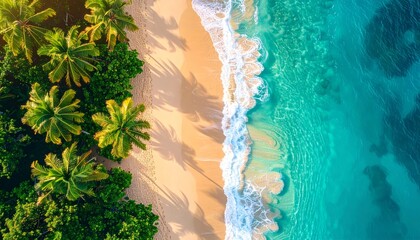 Stunning aerial view captures vibrant turquoise ocean waves gently lapping onto a sun-drenched sandy beach fringed by lush tropical palm trees