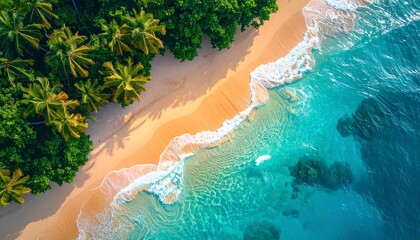 Stunning aerial view captures vibrant turquoise ocean waves gently lapping onto a sun-drenched sandy beach fringed by lush tropical palm trees