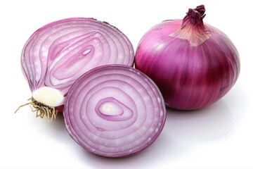 Fresh Red Onion Bulbs Halved and Whole Culinary Ingredient Cooking Still on transparent background