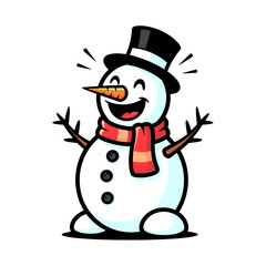 Joyful cartoon snowman character with a top hat and scarf smiling cheerfully